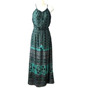 NWT Earthbound Womens Green & Purple Boho Printed Halter VCut Maxi Dress Medium
